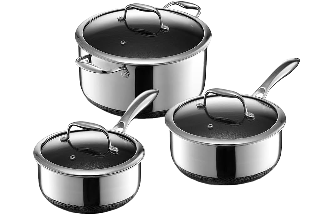 HexClad Hybrid Nonstick 6-Piece Pot Set, 2, 3, and 8-Quart Pots with Tempered Glass Lids, Stay-Cool Handles